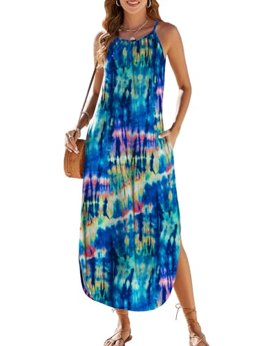 Halife Womens Summer Dresses Casual Loose Halter Long Sundress Sleeveless Split Maxi Beach Dress with Pockets