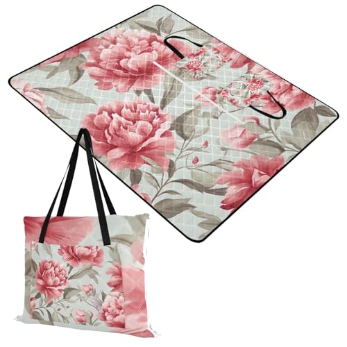 Floral Flowers Red Picnic Blanket Waterproof Foldable Outdoor Beach Blankets Sandproof Picnic Mat Extra Large Camping Blanket for Grass Park Hiking Travel Concerts Indoor, 60x80 in