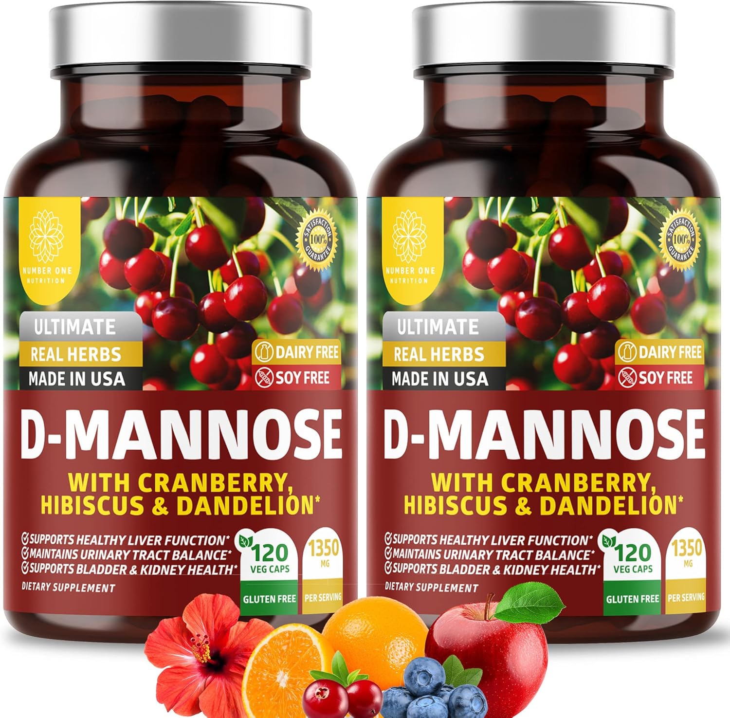 Number One Nutrition 2-Pack N1N Premium D Mannose with Cranberry and Dandelion [Max Strength, 1350mg] Supports Urinary Tract Health, Flush Impurities and Bladder Health Support, 240 Veg Caps
