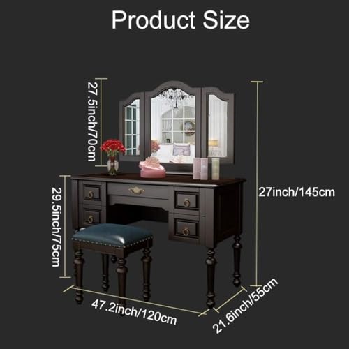 Vanity Table Dressing Table Bedroom Dresser Vanity Table Set Home Vintage Style Dressing Table Padded Stool Oval Mirror Drawers3Pc Set 47.2X21.6X29.5Inch BXF-31116
