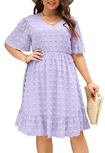 Keluummi Plus Size Wedding Guest Dresses for Curvy Women, Summer Casual Swiss Dot Chiffon Midi Dress with Short Sleeve