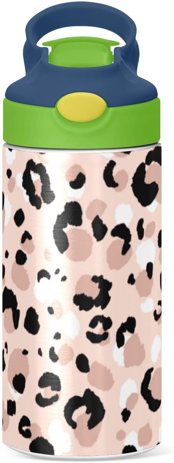 Pink Leopard Water Bottle for Kids, 12 oz Leakproof Double Walled Insulated Stainless Steel Water Bottle Travel Tumbler with Straw Lid for Girls Boys Toddlers