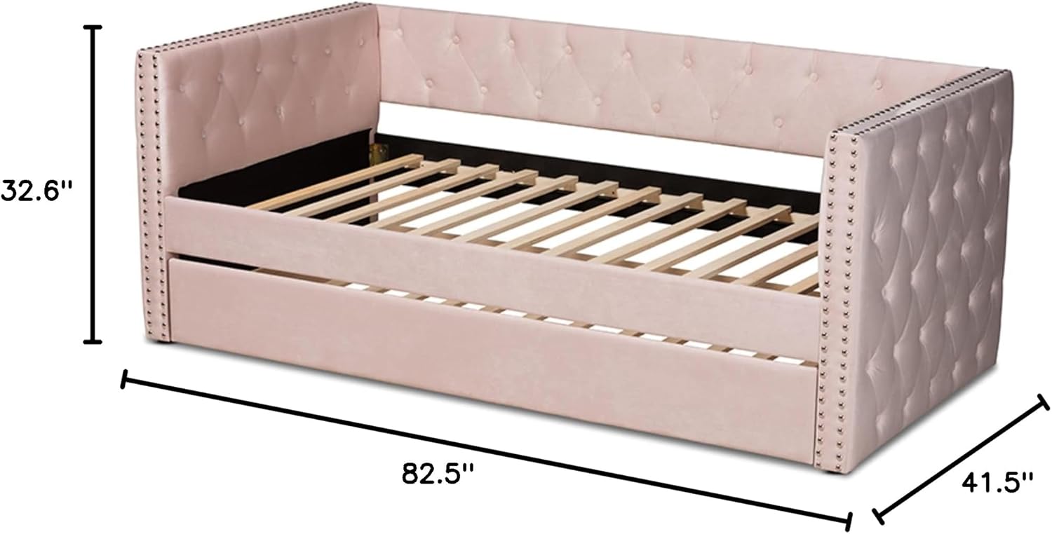 Baxton Studio Larkin Modern and Contemporary Pink Velvet Fabric Upholstered Twin Size Daybed with Trundle