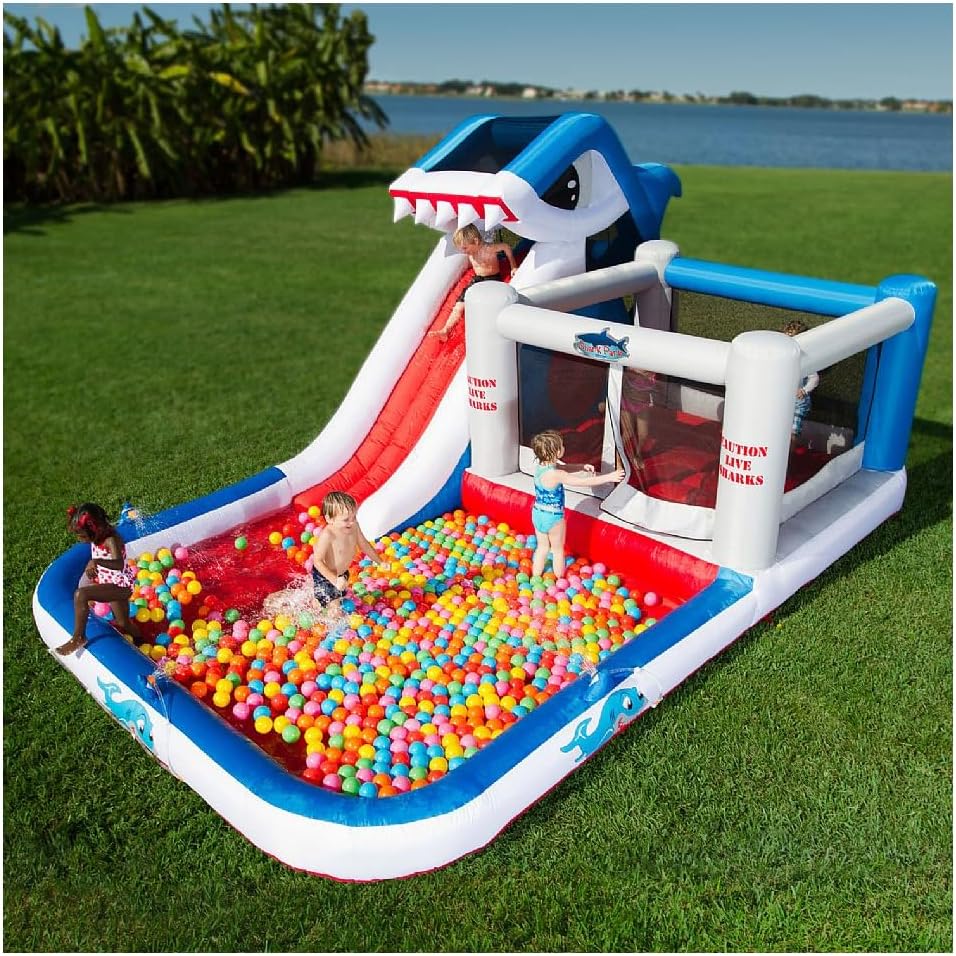 Blast Zone Shark Park 19x11 Inflatable Water Park Bouncer - Blower - Climbing Wall - Slide - Splash Area - Huge