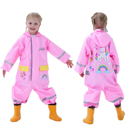 Fewlby Toddler Rain Suit Boys Girls One Piece Raincoat Cartoon Waterproof Coverall Kids Rainwear S-XXL Size