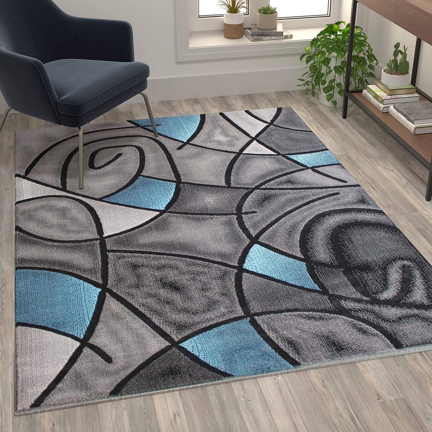 Flash Furniture Jubilee Collection Abstract Area Rug - Colorfast Blue Olefin Rug - 5' x 7' Area Rug - Jute Backing - Living Room, Bedroom, & Family Room
