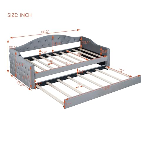 Twin Size Daybed with Trundle, Velvet Tufted Day Bed Frame with 2 USB Charging Ports, No Box Spring Needed, Upholstered Sofa Bed with Roll-out Trundle for Bedroom, Living Room, Guest Room, Pink
