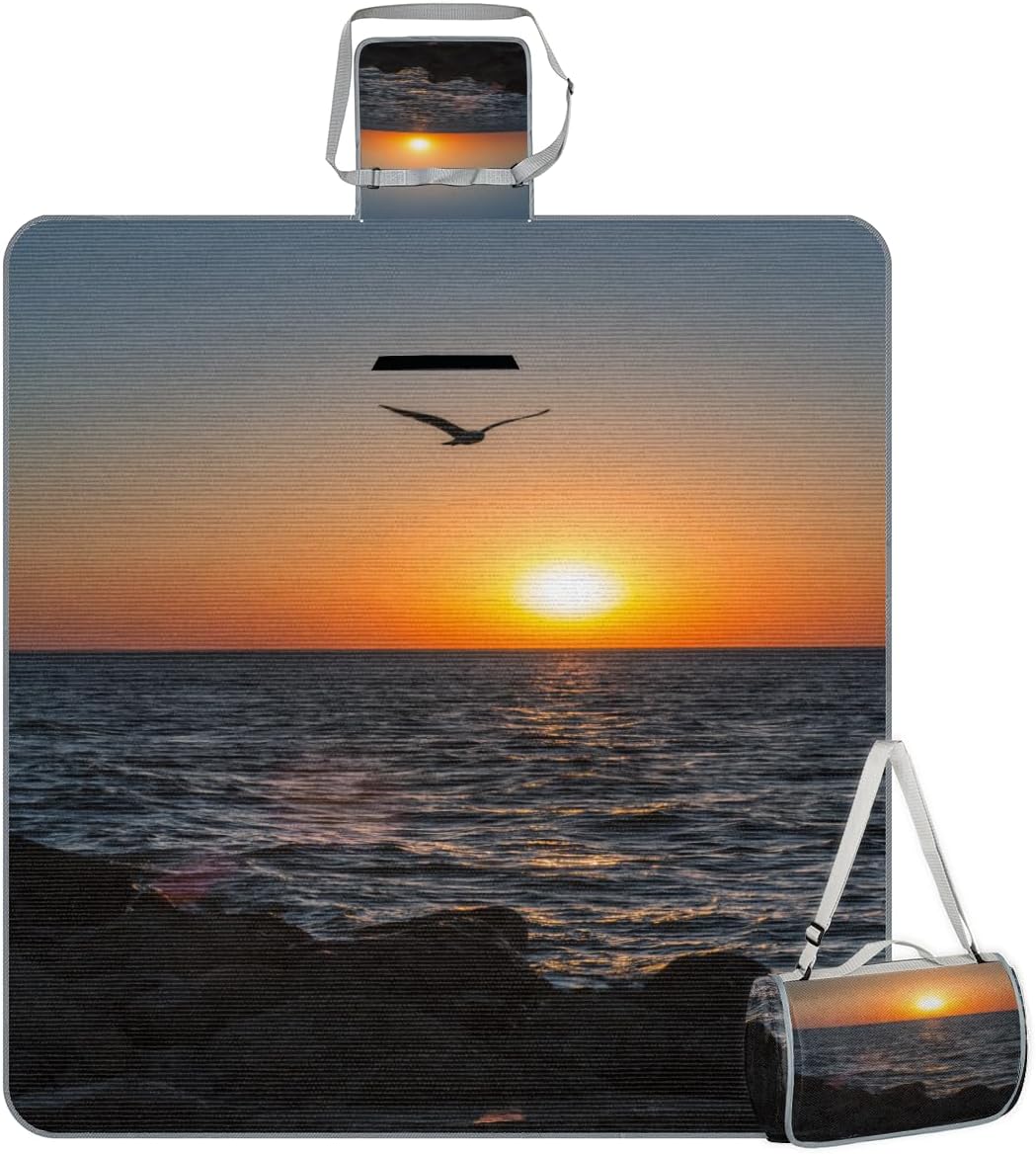 Picnic Blankets 57”x 59”, Ocean Seagulls Sunset Beach Waterproof Sandproof Picnic Mat Lightweight Foldable Beach Blanket for Camping Park Grass Beach Outdoor Blanket