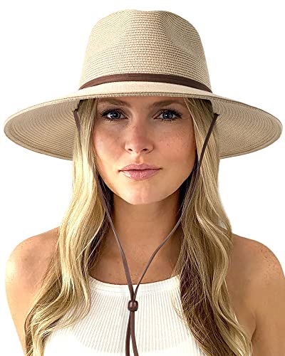 FURTALK Womens Summer Straw Sun Hats Wide Brim Panama Fedora Beach Hat with Wind Lanyard UPF 50+