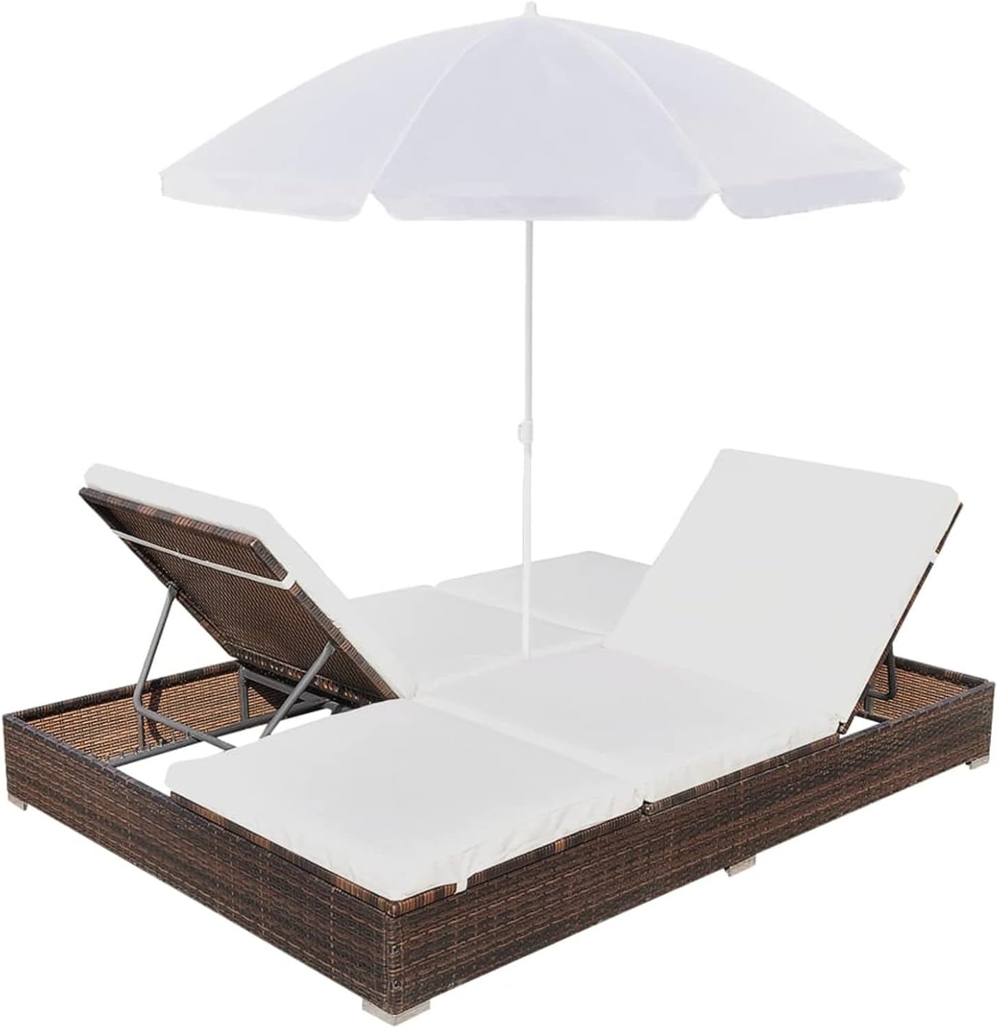 Patio Lounge Bed with Umbrella Poly Rattan Brown W0412005