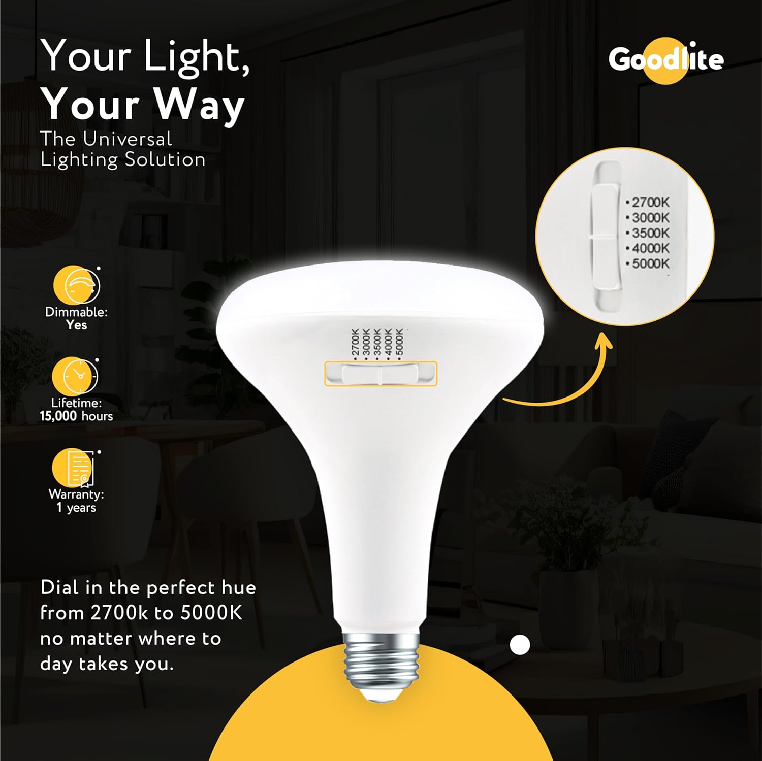 Goodlite BR30 LED Spot Light Bulb, 5 Color Selectable 2700K-3000K-3500K-4100K-5000K, 900 Lumens, 10 Watt (75 Watt Equivalent), High CRI, 5% Dimmable, UL Listed, Damp Rated, 15,000 Hours, 1ct (G-83391)