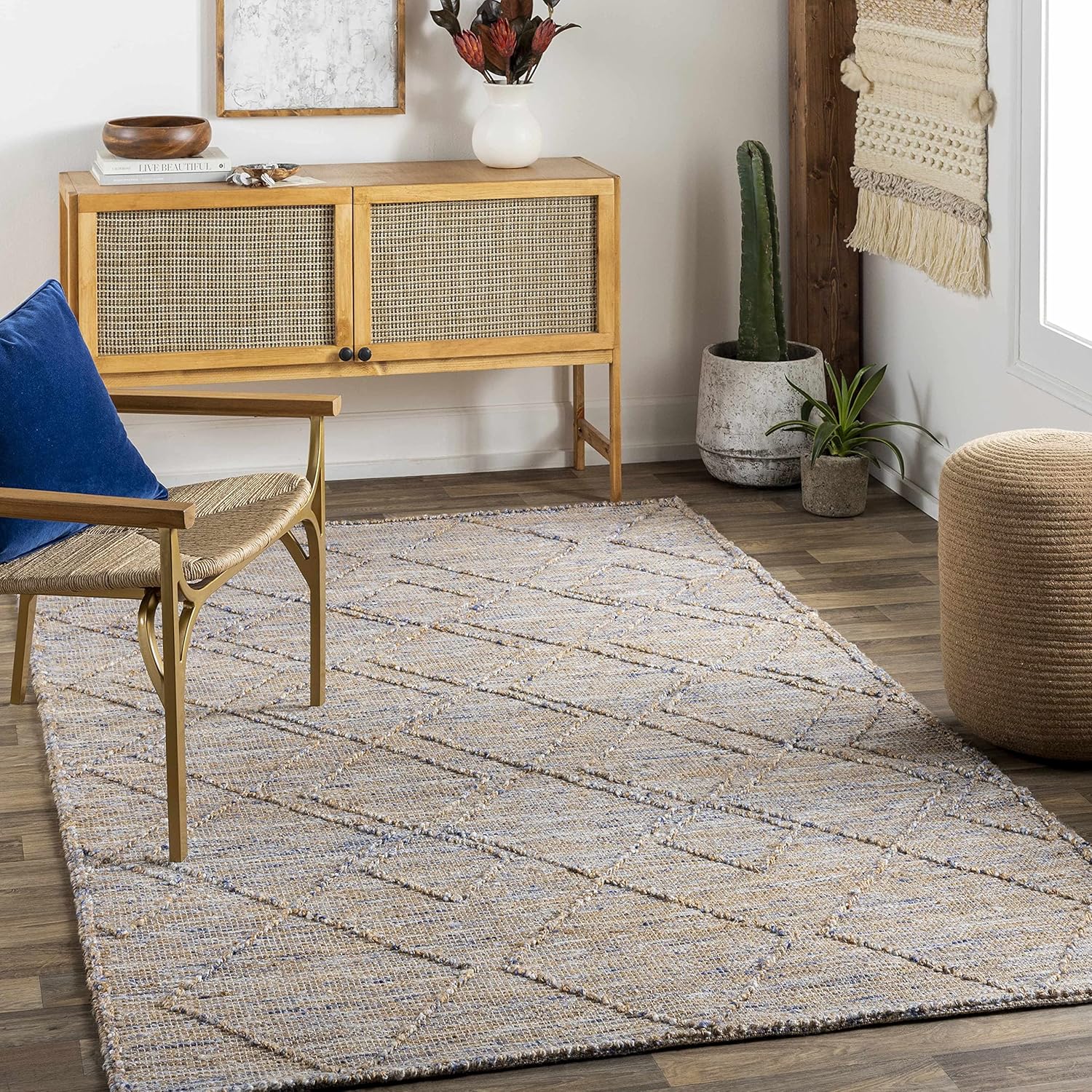 Hauteloom Tuve Jute Living Room, Bedroom Area Rug - Global - Brown, Blue, Ivory - 6' x 9'