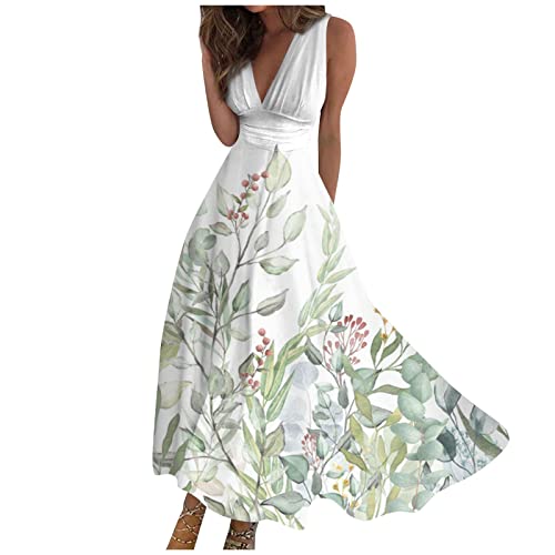 Vacation Dresses for Women, Summer Beach Plus Size V-Neck Sleeveless Fashion Dress Flowy Floral Printing Long Dresses