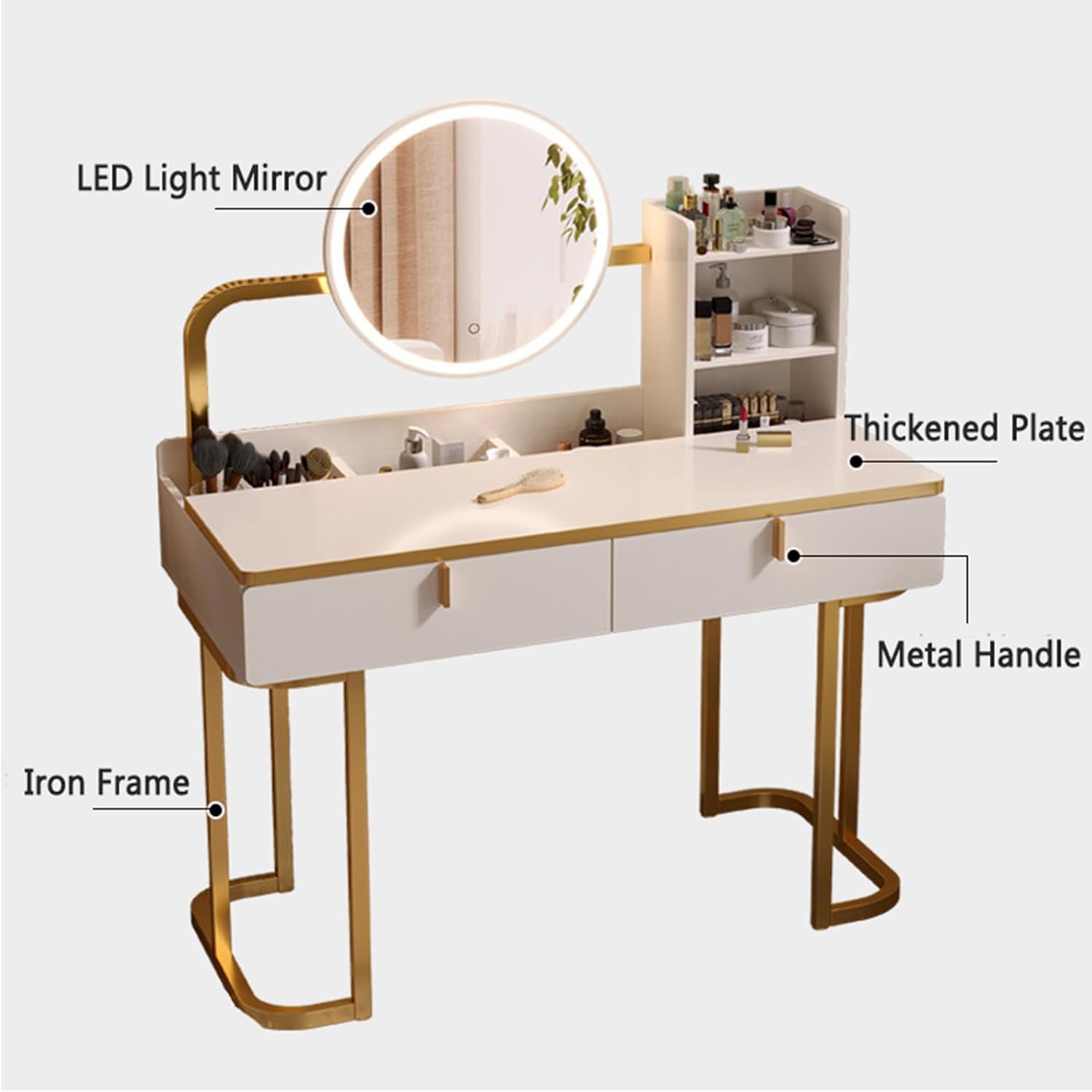 Makeup Vanity Table with Drawers & LED Makeup Mirror, 3 Adjustable Brightness, New Makeup Experience Dressing Table with Chair, Bedroom Vanity Table as for Her