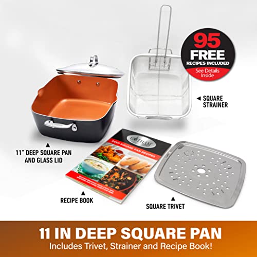 GOTHAM STEEL - 6 Quart XL Nonstick Copper Deep Square All in One 6 Qt Casserole Chef’s Pan & Stock Pot- 4 Piece Set & Double Pan, The Perfect Pancake Maker – Nonstick Copper