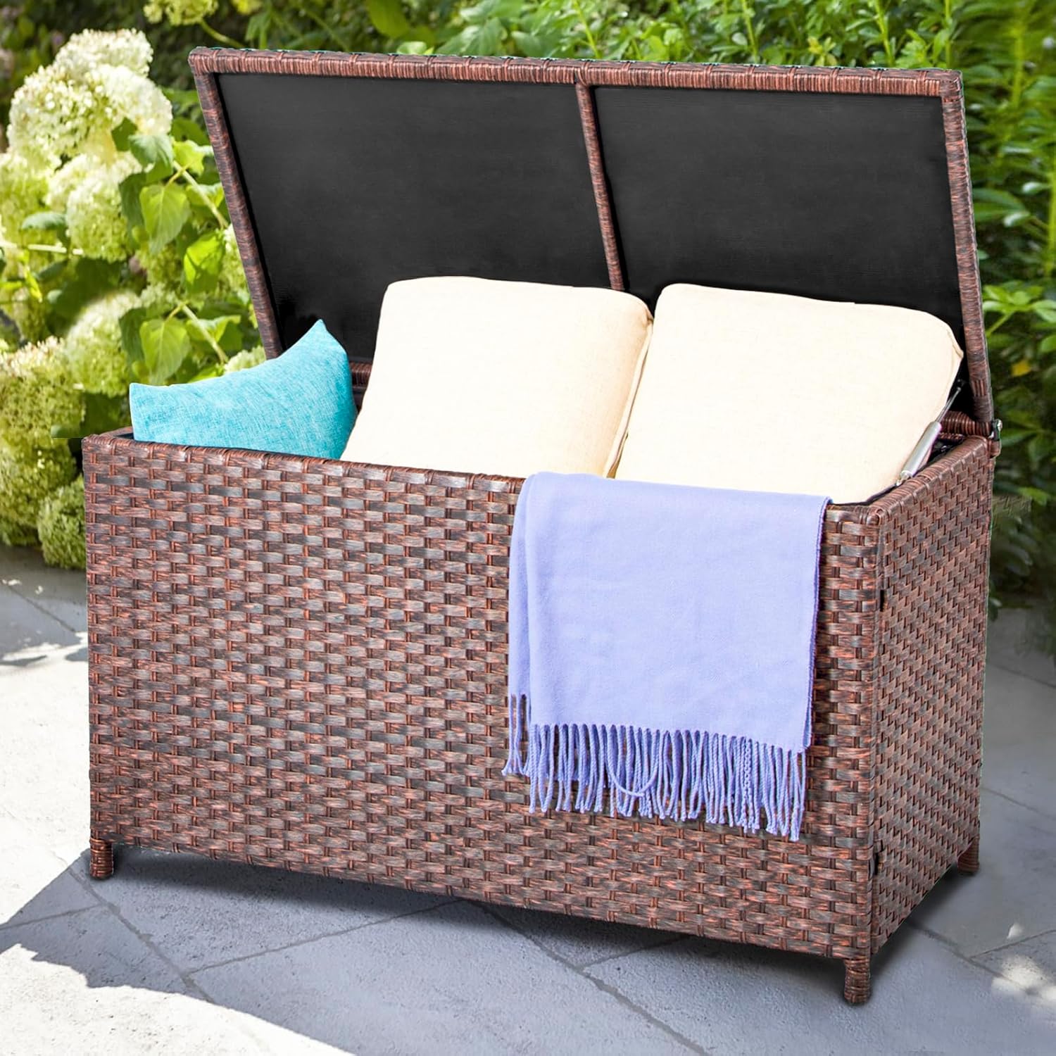 DIMAR GARDEN Outdoor Storage Deck Boxes with Waterproof Cover 70 Gallon,Patio Wicker Storage Box,Brown