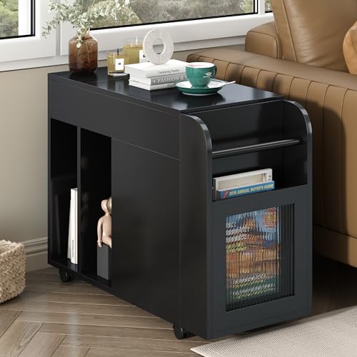 Multifunctional End Table with 360° Lockable Wheels,Modern Side Table with Tempered Glass Door,2 Storage Shelves and 2 Drawers for Living Room,Study,Office,Easy Assembly (White)