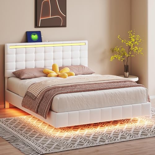 Queen Size Floating Lights and USB Charging,Modern Upholstered Platform LED Bed Frame, Black1