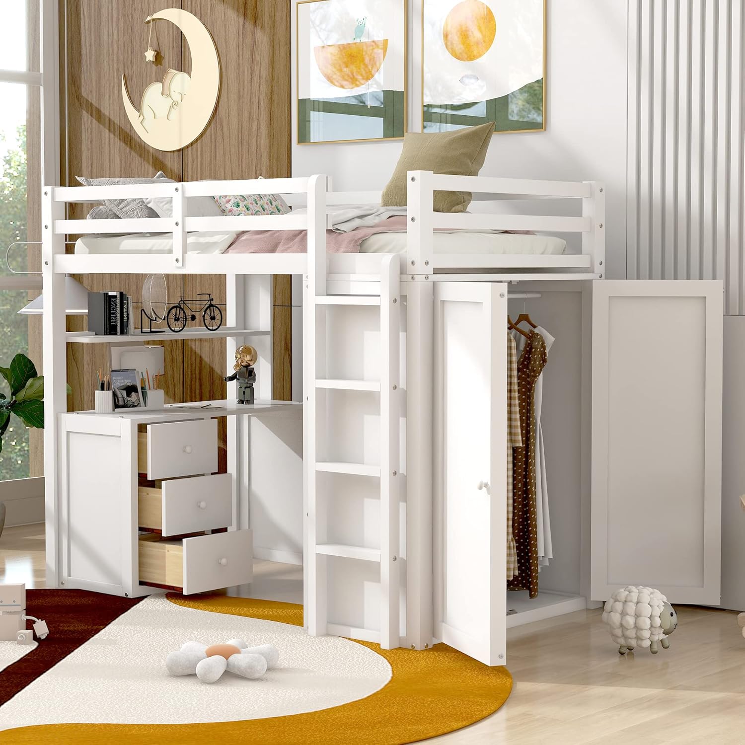 Merax Twin Size Loft Bed with Desk and Wardrobe, Wooden Loft Bed with 3 Drawers and Wood Slat Support for Kids Teens Adults, White