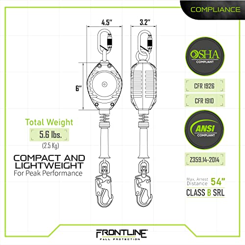 Frontline RPG10 Cable Single Leg 10' SRL with Steel Snap Hook End | Personal Fall Arrest Protection | Galvanized Steel Retractable Lifeline Safety Yoyo | OSHA and ANSI Compliant