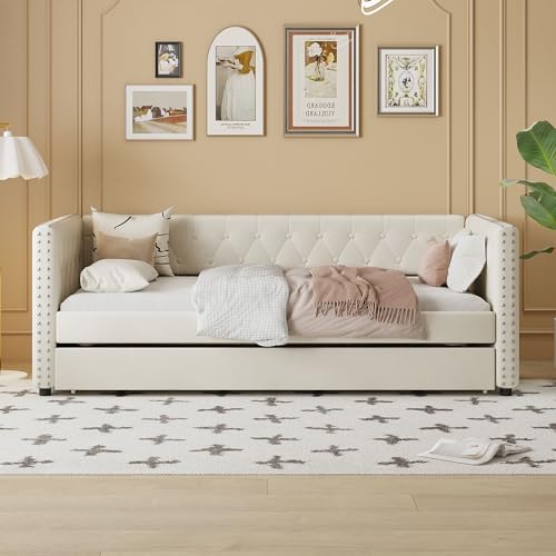 Twin Size Daybed with Trundle, Modern Tufted Upholstered Daybed Frame with Rivet Design, Velvet Twin Size Bed Frame, Sofa Bed for Dorm Bedroom Guest Room, No Box Spring Needed, Easy Assembly, Pink