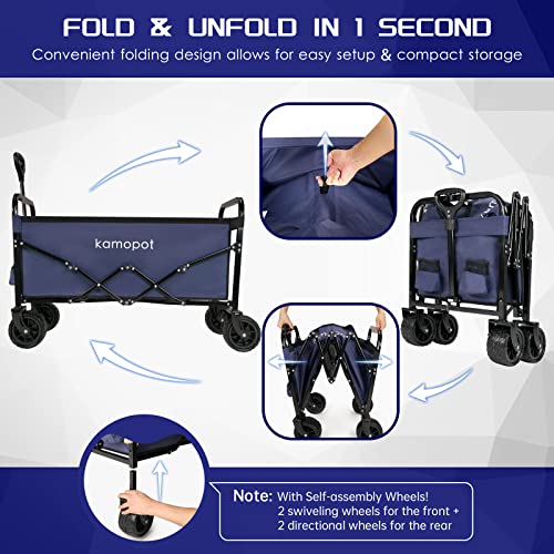 Collapsible Wagon Cart,Folding Wagon for Grocery,Foldable Beach Wagon.Utility Shopping Cart on Wheels.220lb Heavy Duty w/Cupholders & DIY Wheels (Black)