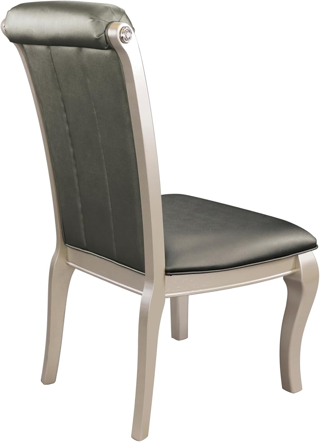 Crystal Button-Tufted Side Chairs 2pc Set Silver Finish Wood Frame Gray Faux Leather Upholstered Dining Furniture