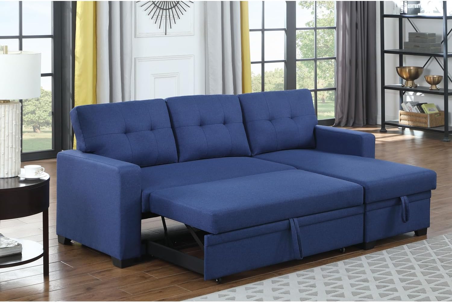 Devion Furniture Polyester Fabric Reversible Sleeper Sectional Sofa-Blue