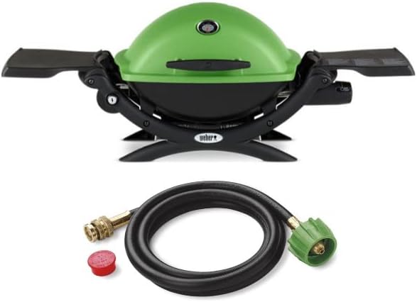 Weber Q 1200 Gas Grill (Green) and Adapter Hose Bundle (2 Items)
