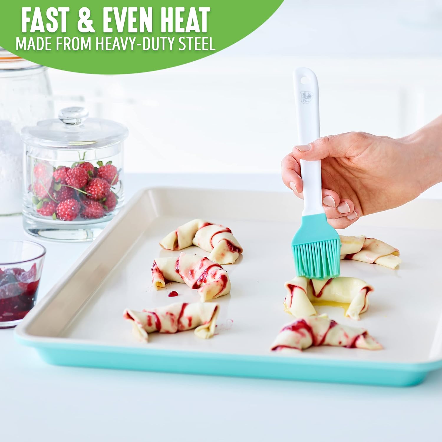 GreenLife Soft Grip Healthy Ceramic Nonstick, 15 Piece Cookware Pots and Pans Set, Induction,Turquoise & Bakeware Healthy Ceramic Nonstick 18.5