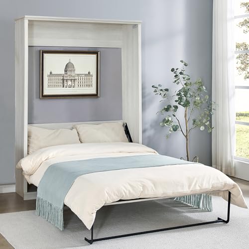 Queen Size Murphy Bed, Solid Wood Wall Cabinet Bed with Shelves, Folding Wall Bed Space-Saving Furniture Bed Frame for Guest Room, Bed Room, Study, Home Office, Rustic White Queen Size