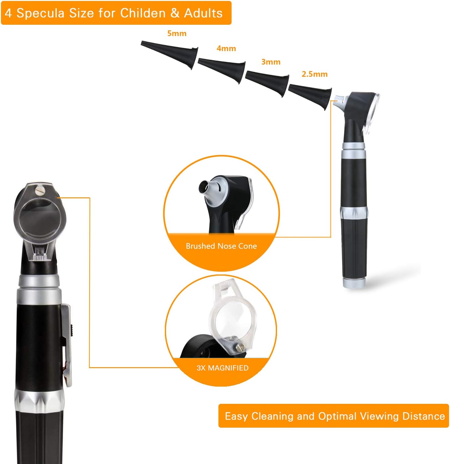 Otoscope Kit,Professional Diagnostic Ear Care Tool with 3.0V LED Bulb, 3X Magnification, 4 Speculum Tips Size - for Children, Adults, Pets, etc.