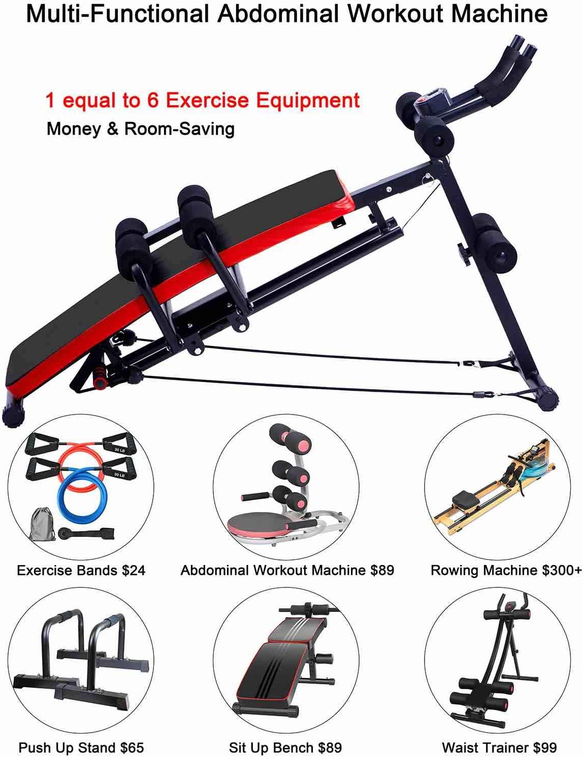 Ab Workout Machine,Core Abs Exercise Equipment for Home Gym,Adjustable Sit Up Bench Strength Training Abdominal Cruncher,Foldable Core Workout Machine with Resistance Bands&LCD Display