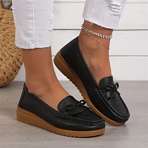 Women's Fashion Shoes Ladies Fashion Solid Color Breathable Hollow Leather Bow Decorated Leather Casual Shoes for Men