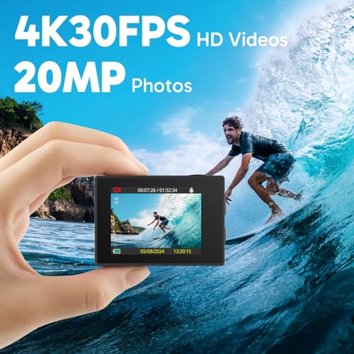 AKASO EK7000 4K30FPS 20MP WiFi Action Camera with EIS Ultra HD Underwater Camera 131FT Waterproof Camera Remote Control 4X Zoom Support External Microphone Silver