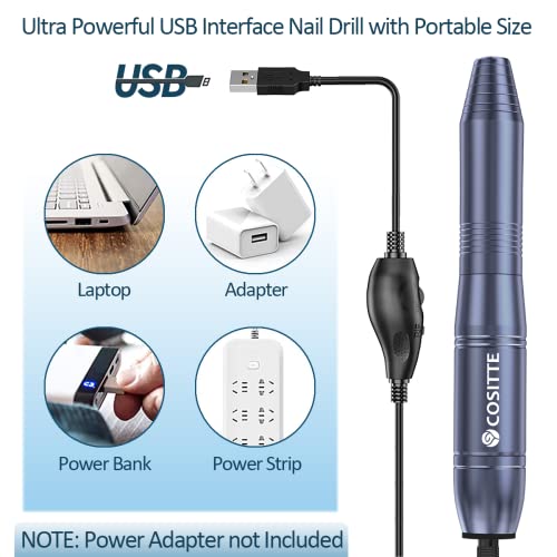 Electric Nail Drill,USB Electric Nail Drill Machine for Acrylic Nails,Portable Electrical Nail File Polishing Tool Manicure Pedicure Efile Nail Supplies for Home and Salon Use, Gray