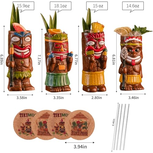 Cocktail Tiki Mugs Set Of 4 - Exotic Mug With 4 Coasters And 4 Straws，Cute Ceramic Hawaiian Style Cocktail Glasses For Party And Tropical Tiki Bar，Mai Tai Cocktail Drinkware (Glossy)
