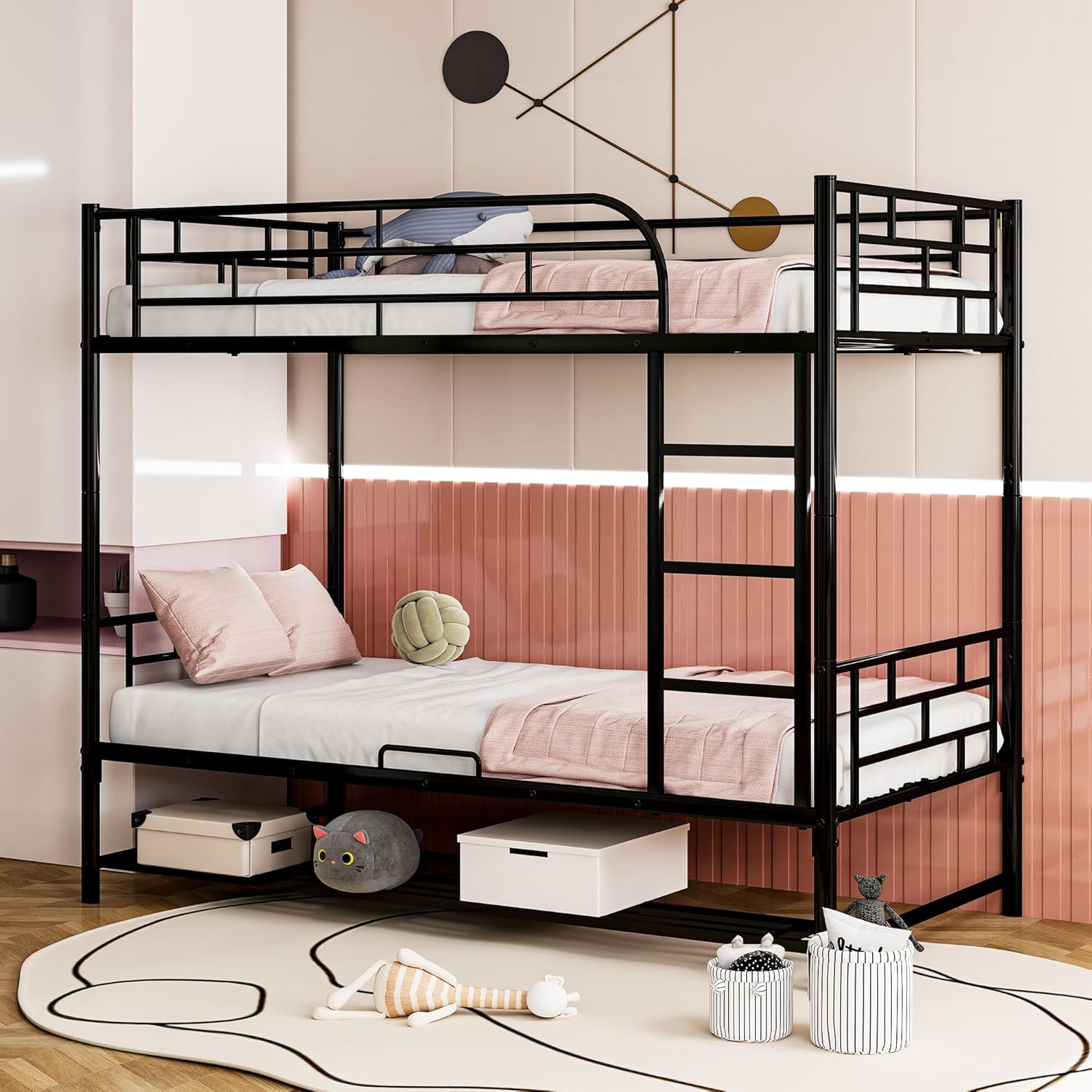 Bellemave Twin Over Twin Bunk Bed, Metal Bunk Bed with Storage Shelf, Twin bunk beds for Adults, Kids, Teens（Black）