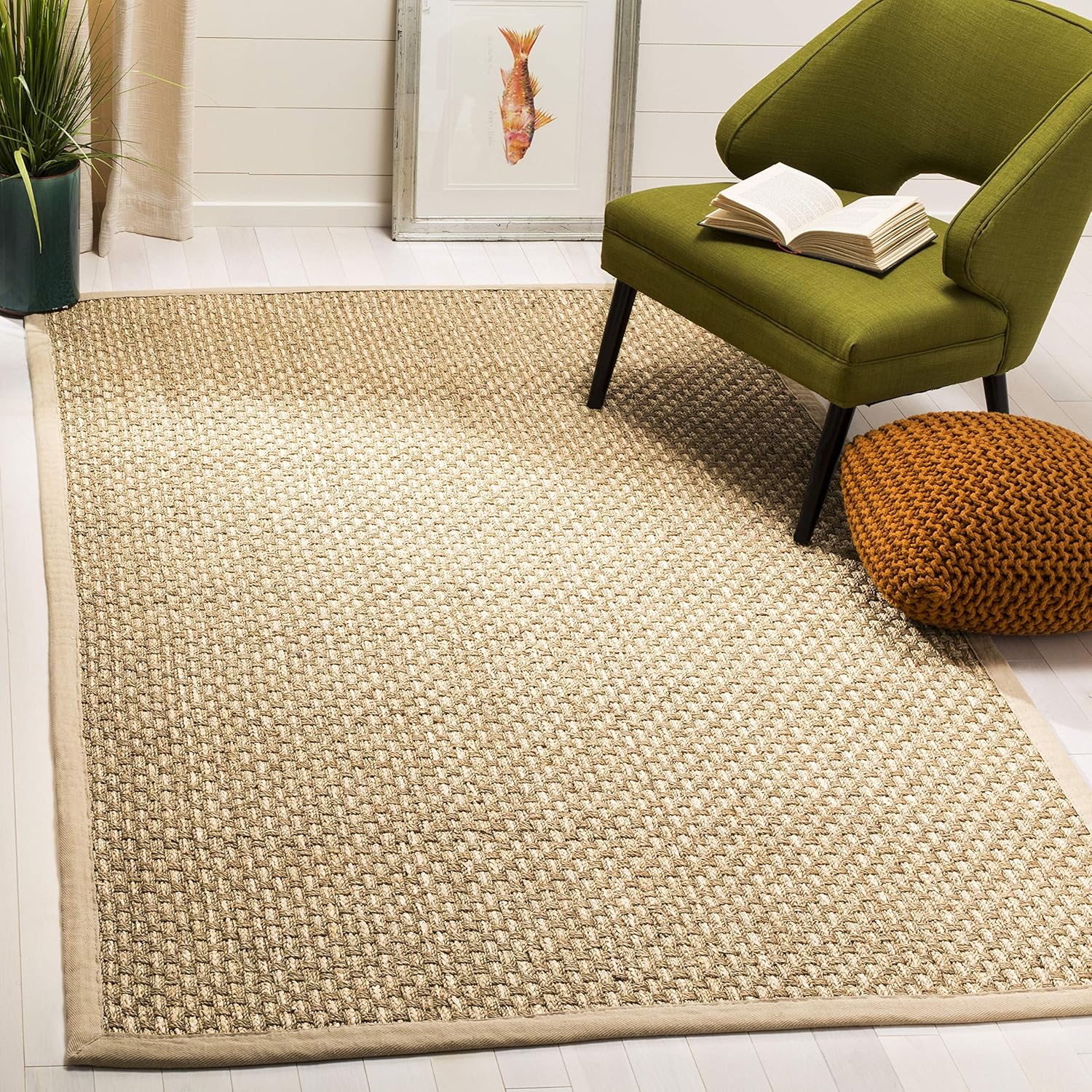 SAFAVIEH Natural Fiber Collection 6' Square Beige NF118A Border Basketweave Seagrass Area Rug