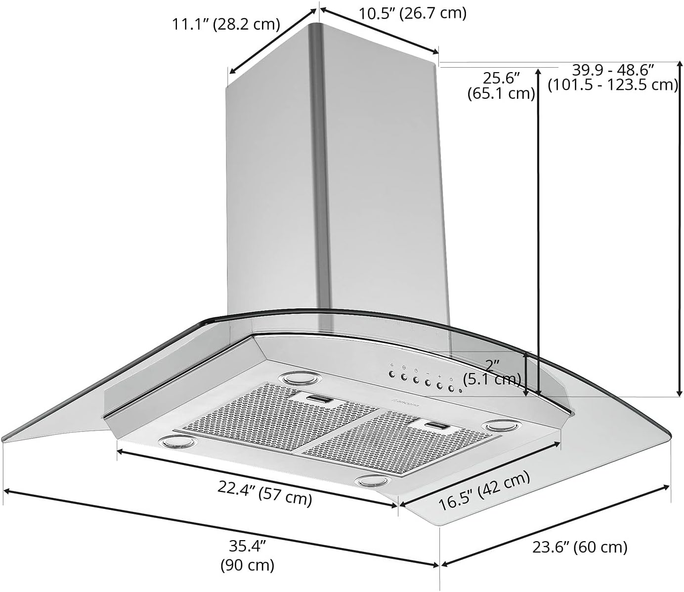 Ancona AN-1421 36” 450 CFM Convertible Island Glass Canopy Range Hood with Auto Night Light in Stainless Steel