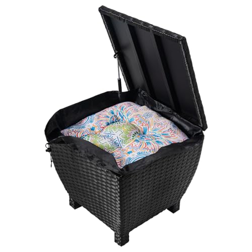 Outdoor Wicker Storage Box with Cover, 13 Gallon PE Rattan Deck Box for Outside with Waterproof Liner, Patio Storage Chest with Hinged Lid for Cushions, Pillows, Towels, Horizontal Bin, Black