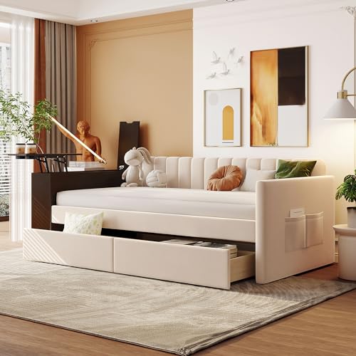 SOFTSEA Upholstered Twin Daybed with Two Storage Drawers, Button Tufted Daybed Sofa Bed with Nailhead Trim and Wood Slat Support for Bedroom Living Room, No Box Spring Needed, Beige