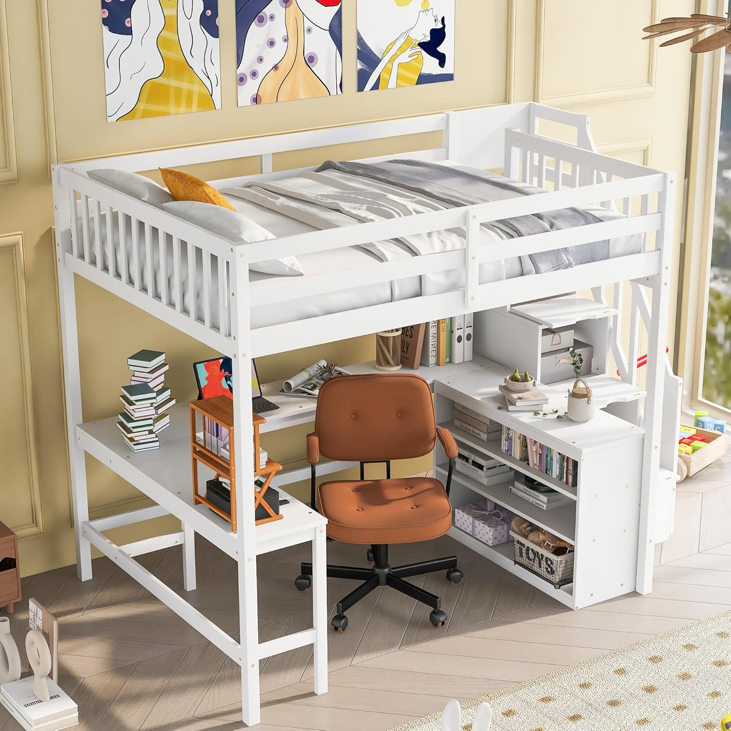 Full Size Wood High Loft Bed with Desk, 3-Tier Storage Shelves and Storage Staircase, Multi-functional Loft Bed with Full Length Guardrail for Teens Adults, White