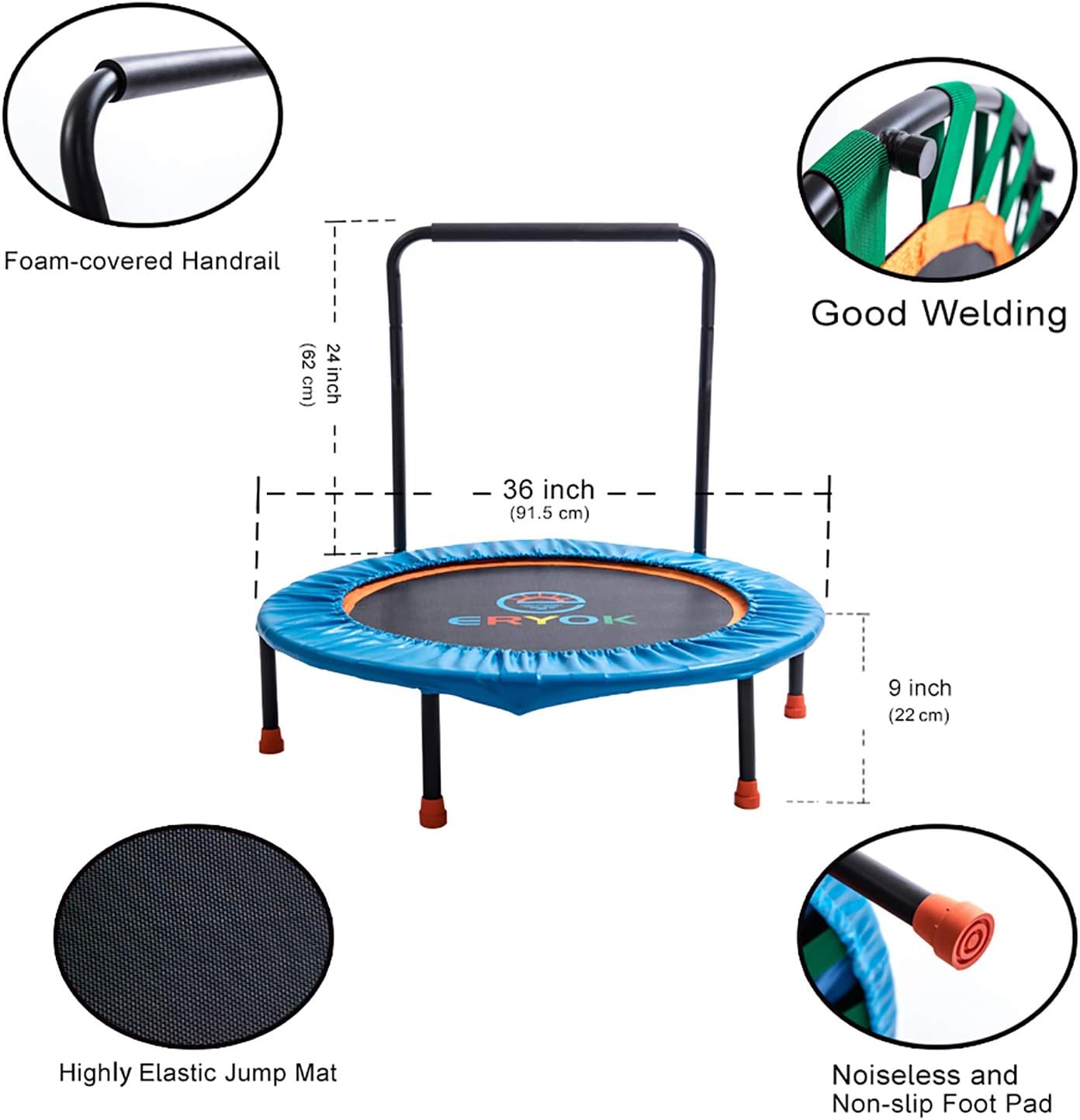 36-Inch Trampoline for Kids with Handle. Foldable Kids Trampoline for Playing and Exercise Indoor/Outdoor with Securing Padded Cover
