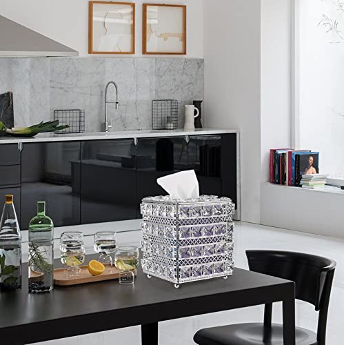 Sumnacon Crystal Square Tissue Box Cover - Sparkling Cube Glass Tissue Box Holder, Decorative Facial Tissue Holder for Bedroom Bathroom Dresser Night Stand Table Countertop Home Decor, Silver