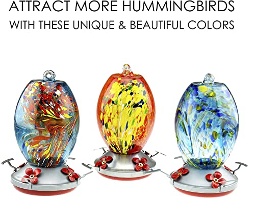 Hummingbird Feeder with Perch | Hand Blown Flat Glass in Red | 27 Fluid Ounces Humming Bird Nectar Capacity with Hanging Metal Wires and Ant Moat Hook
