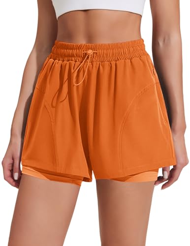 PINSPARK Athletic Shorts for Women High Waisted Workout Short 2 in 1 Running Shorts Gym Shorts with Zipper Pockets