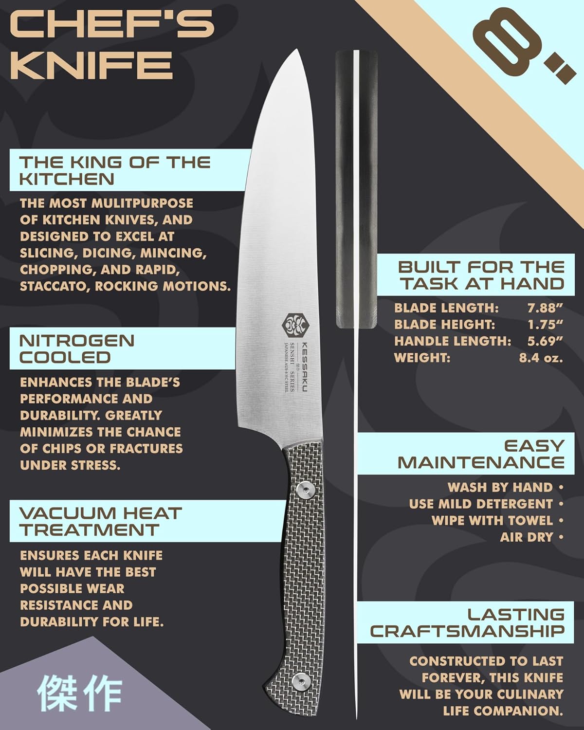 8-Inch Chef Knife - Senshi Series - Forged Japanese AUS-8 High Carbon Stainless Steel - Carbon Fiber G10 Handle with Sheath