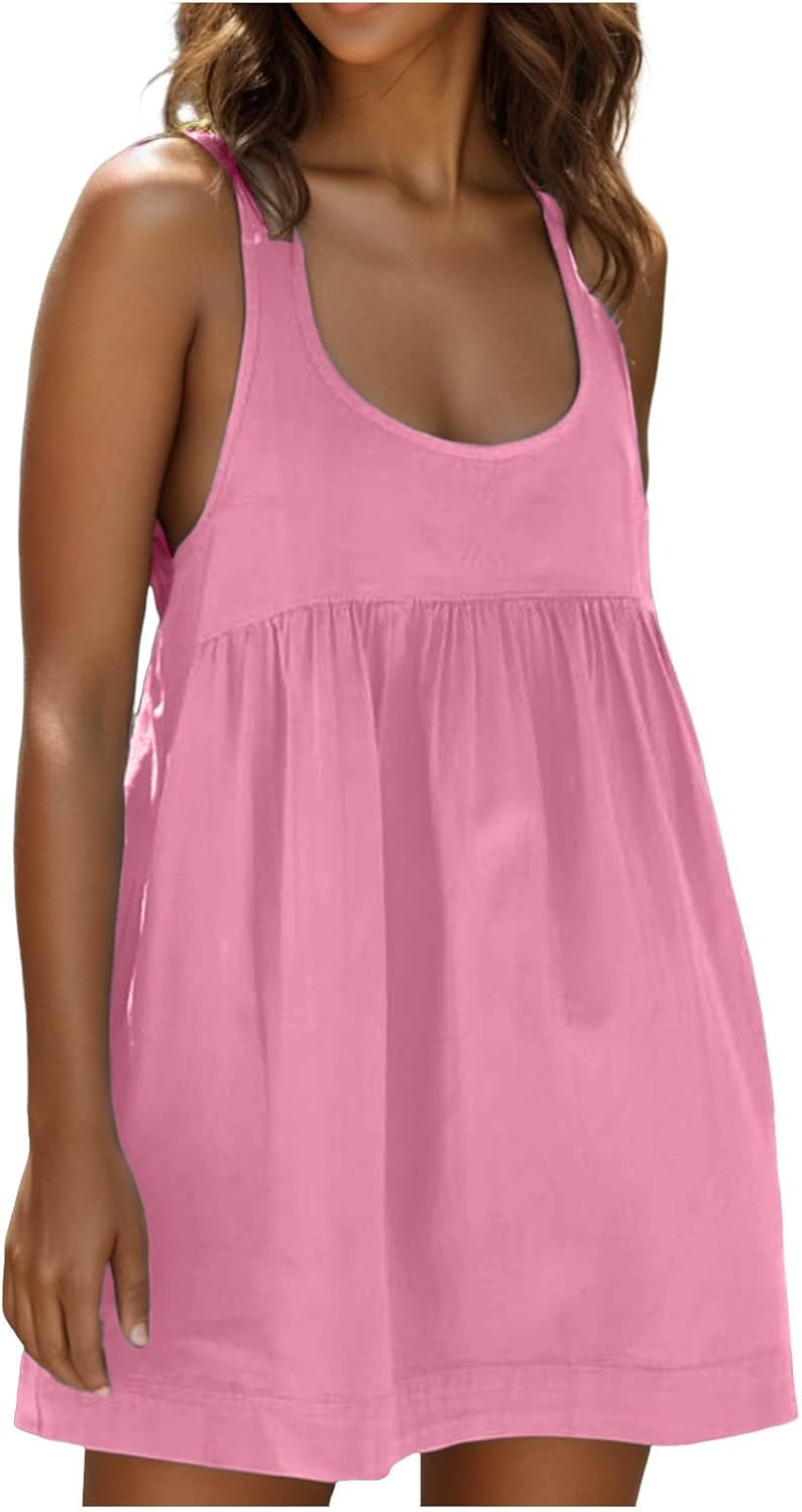 Summer Dresses for Women 2024 Sleeveless Mini Dress Casual Loose Crew Neck Sundress Flowy Ruffle Beach Tank Dress