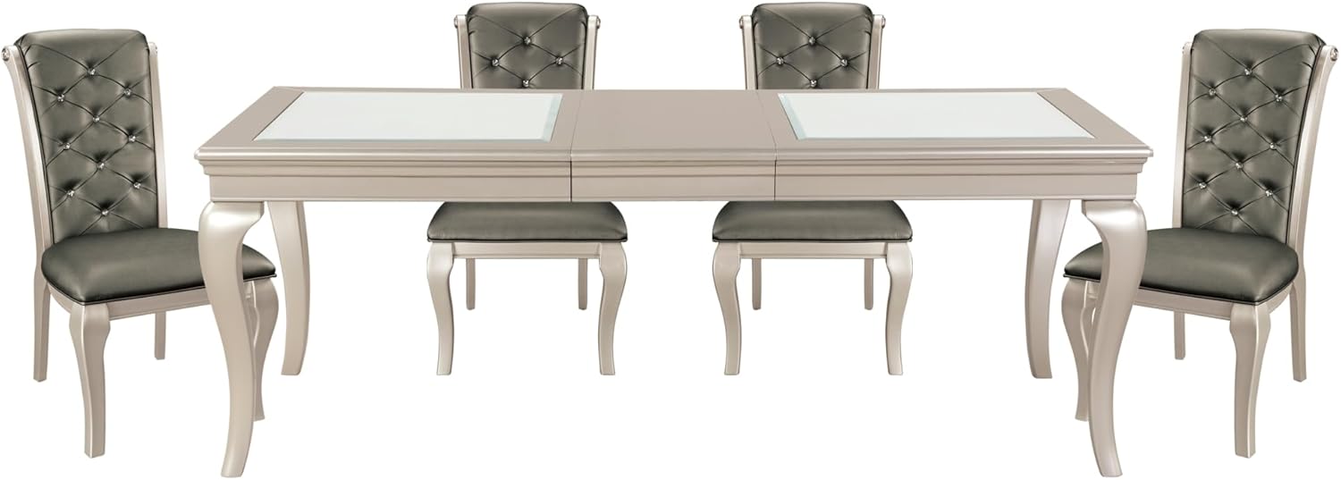 Crystal Button-Tufted Side Chairs 2pc Set Silver Finish Wood Frame Gray Faux Leather Upholstered Dining Furniture